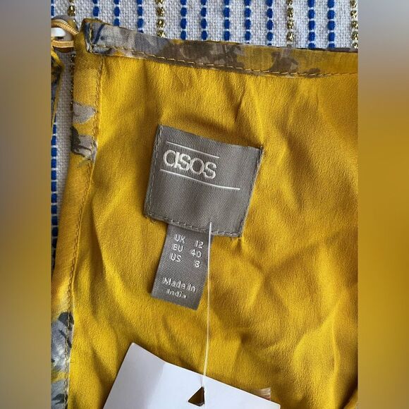 ASOS DESIGN Long Sleeve Mini Dress Yellow Floral Print Sequin Silver Sz 8 NEW - Picture 6 of 16